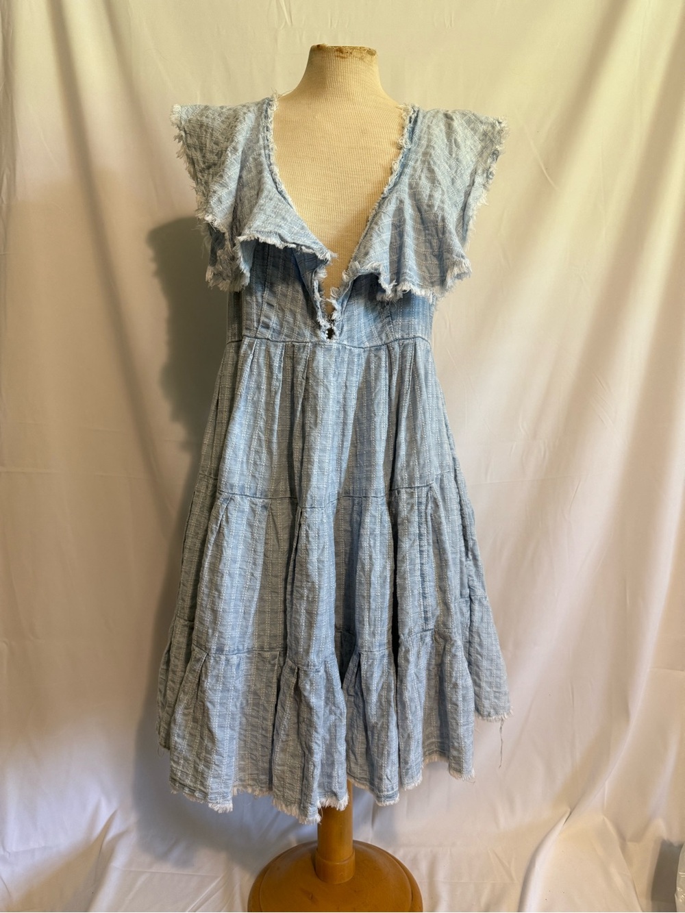 Free People Light Blue Frayed Tiered Midi Dress